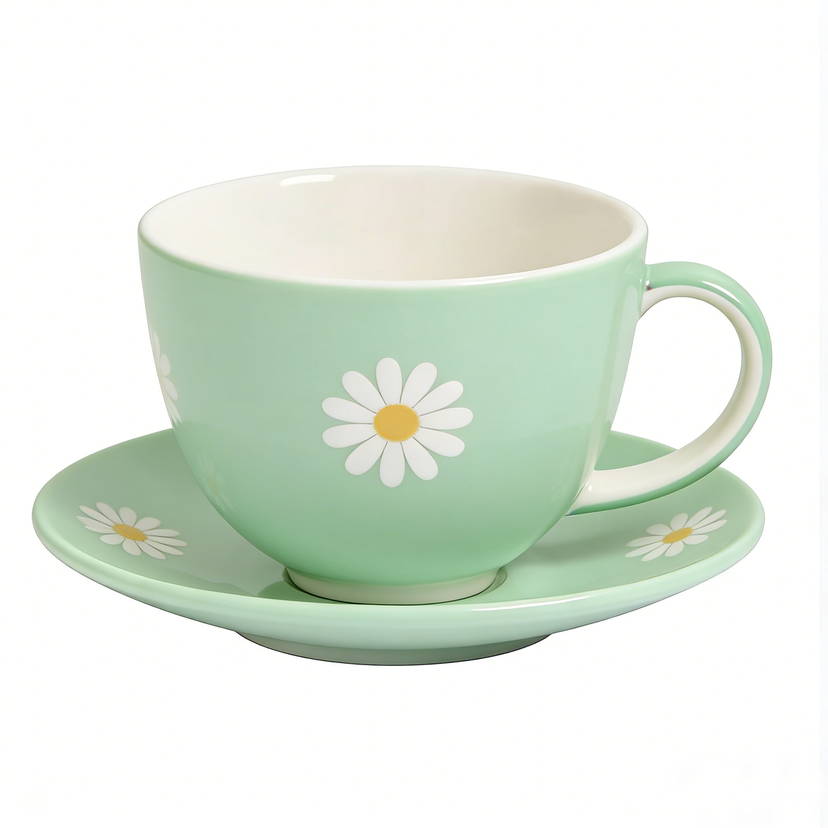 Daisy Print Mint Green Ceramic Cup and Saucer Set