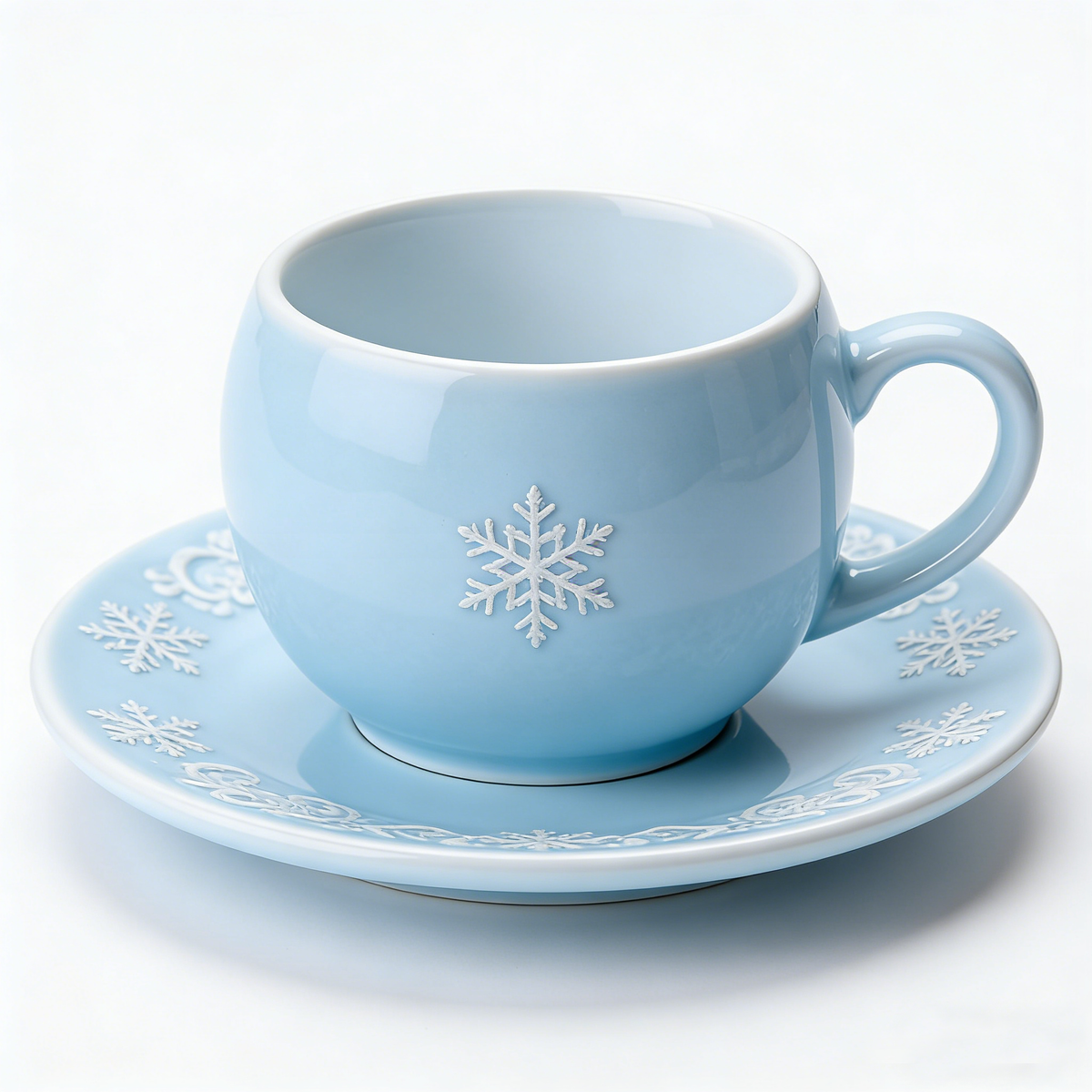 Light Blue Snowflake Embossed Ceramic Cup and Saucer Set
