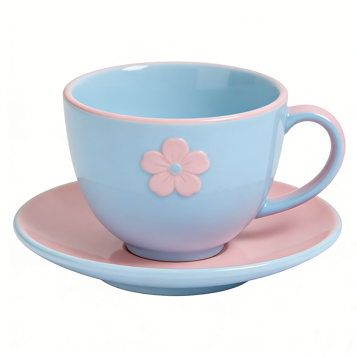 Light Blue Pink Sakura Embossed Ceramic Cup and Saucer Set