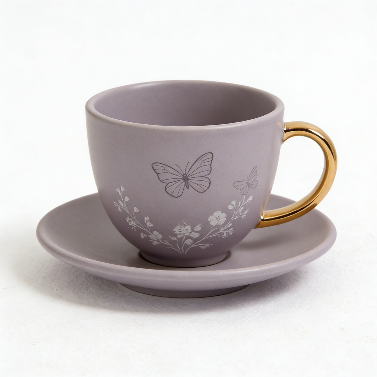 Lavender Gray Butterfly Gold Handle Ceramic Cup and Saucer Set