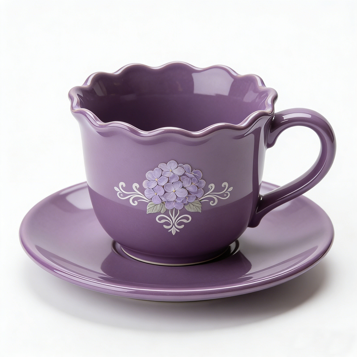 Dark Purple Hydrangea Vintage Ceramic Cup and Saucer Set