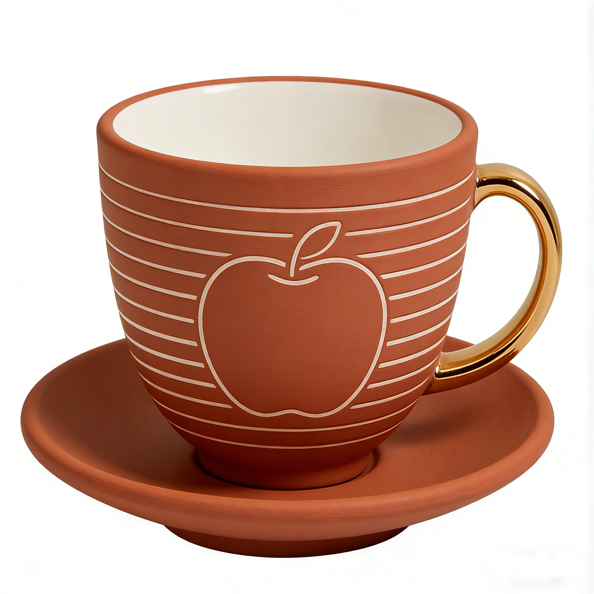 Apple Line Art Terracotta Style Cup and Saucer Set