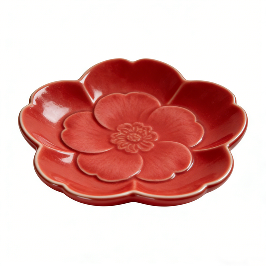 Red Camellia Flower Embossed Ceramic Plate
