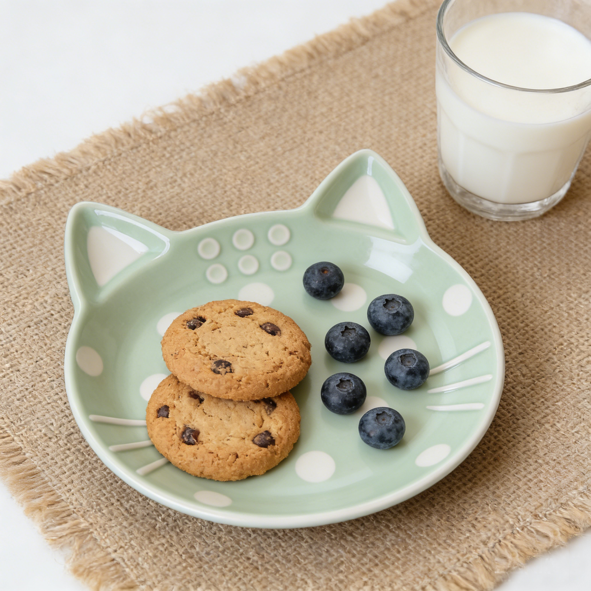 Light Green Cat Shaped Polka Dot Ceramic Plate