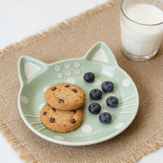 Light Green Cat Shaped Polka Dot Ceramic Plate