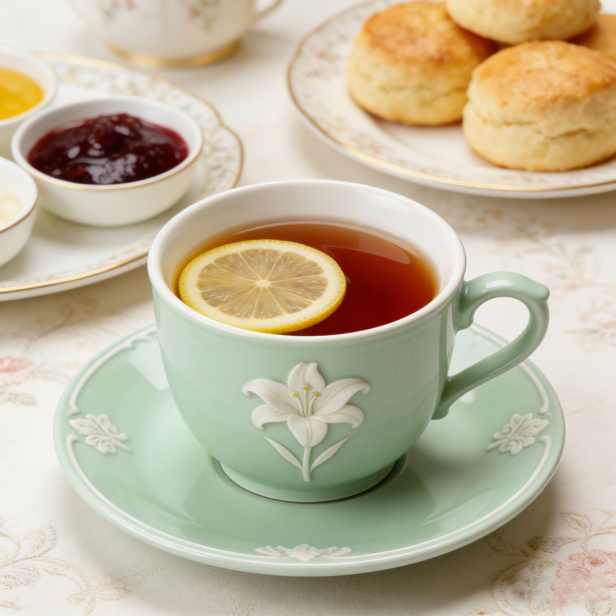 Mint Green Lily Embossed Ceramic Cup and Saucer Set