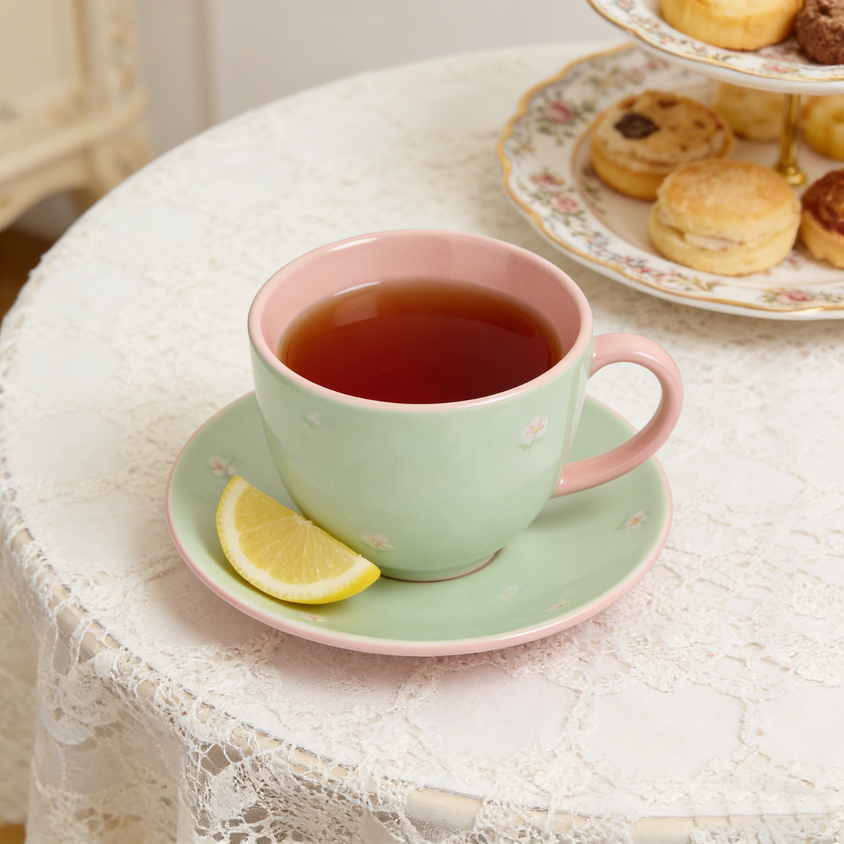 Mint Green Pink Floral Ceramic Cup and Saucer Set