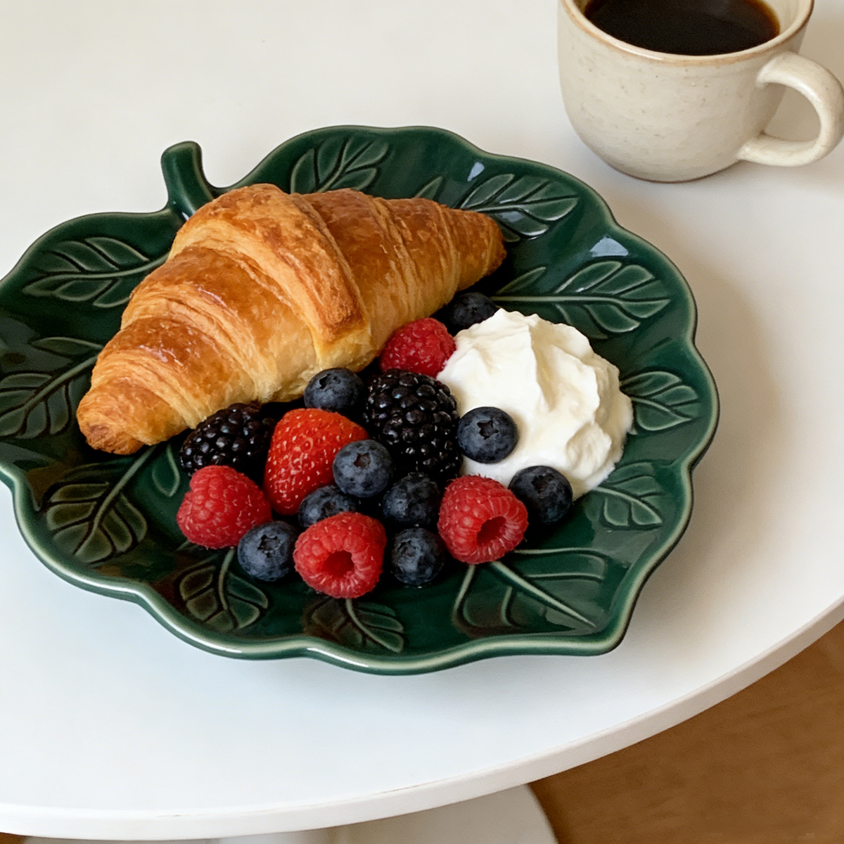 Dark Green Leaf Shaped Embossed Ceramic Plate