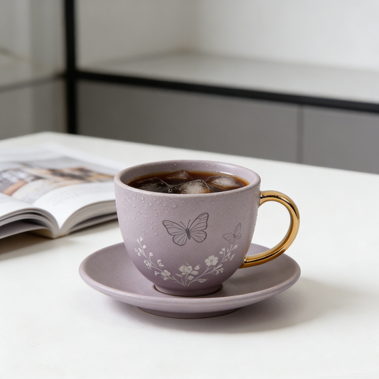 Lavender Gray Butterfly Gold Handle Ceramic Cup and Saucer Set