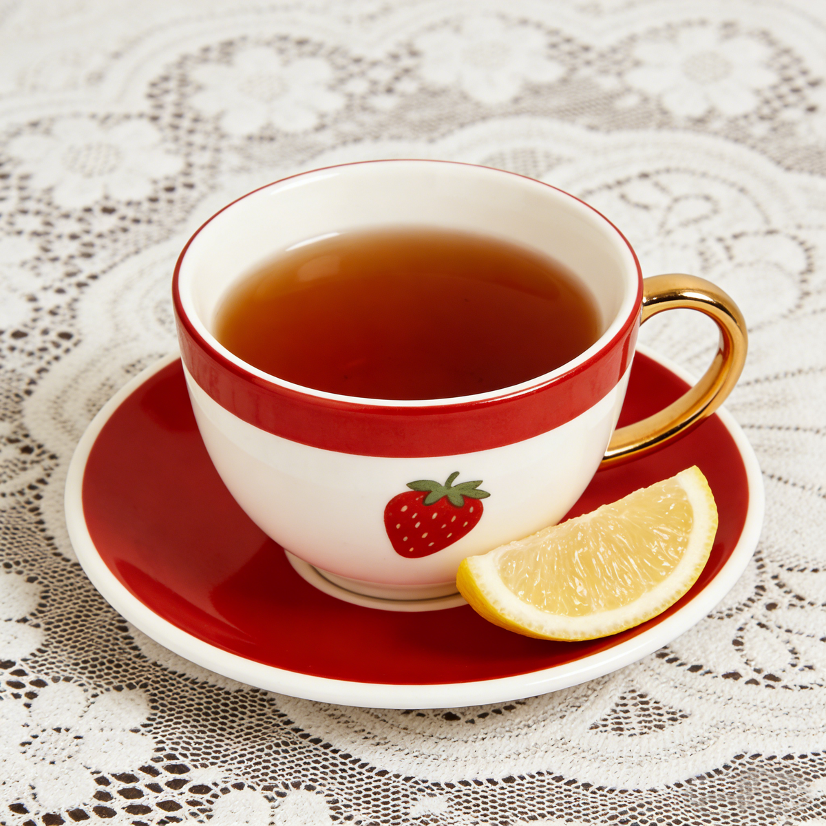 Strawberry Print Gold Handle Coffee Cup and Saucer Set