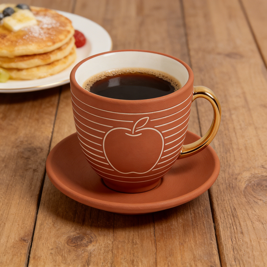 Apple Line Art Terracotta Style Cup and Saucer Set
