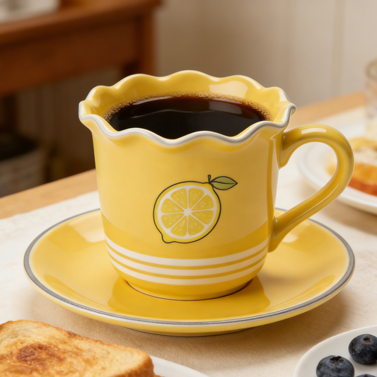 Lemon Print Ruffled Rim Ceramic Cup and Saucer Set