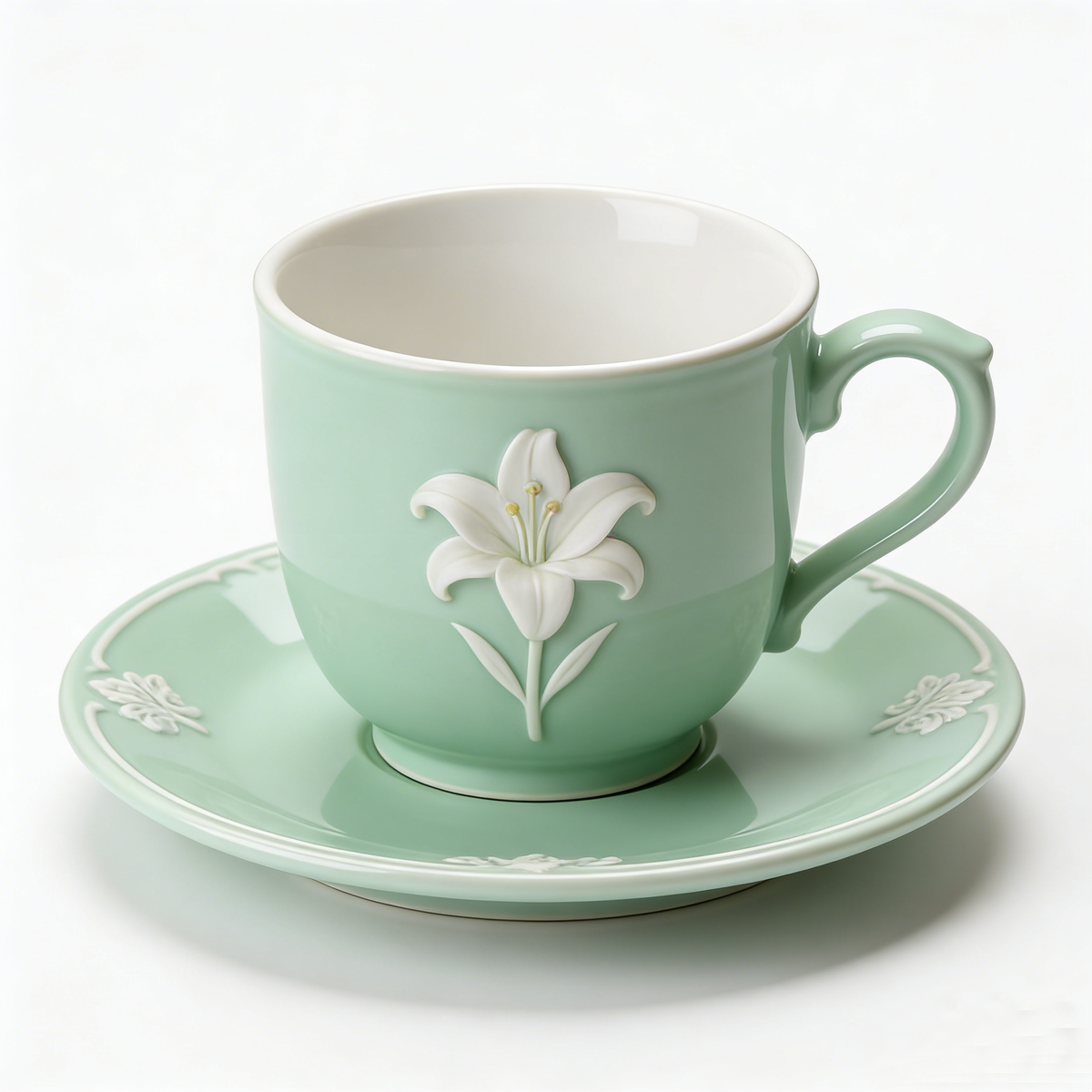 Mint Green Lily Embossed Ceramic Cup and Saucer Set