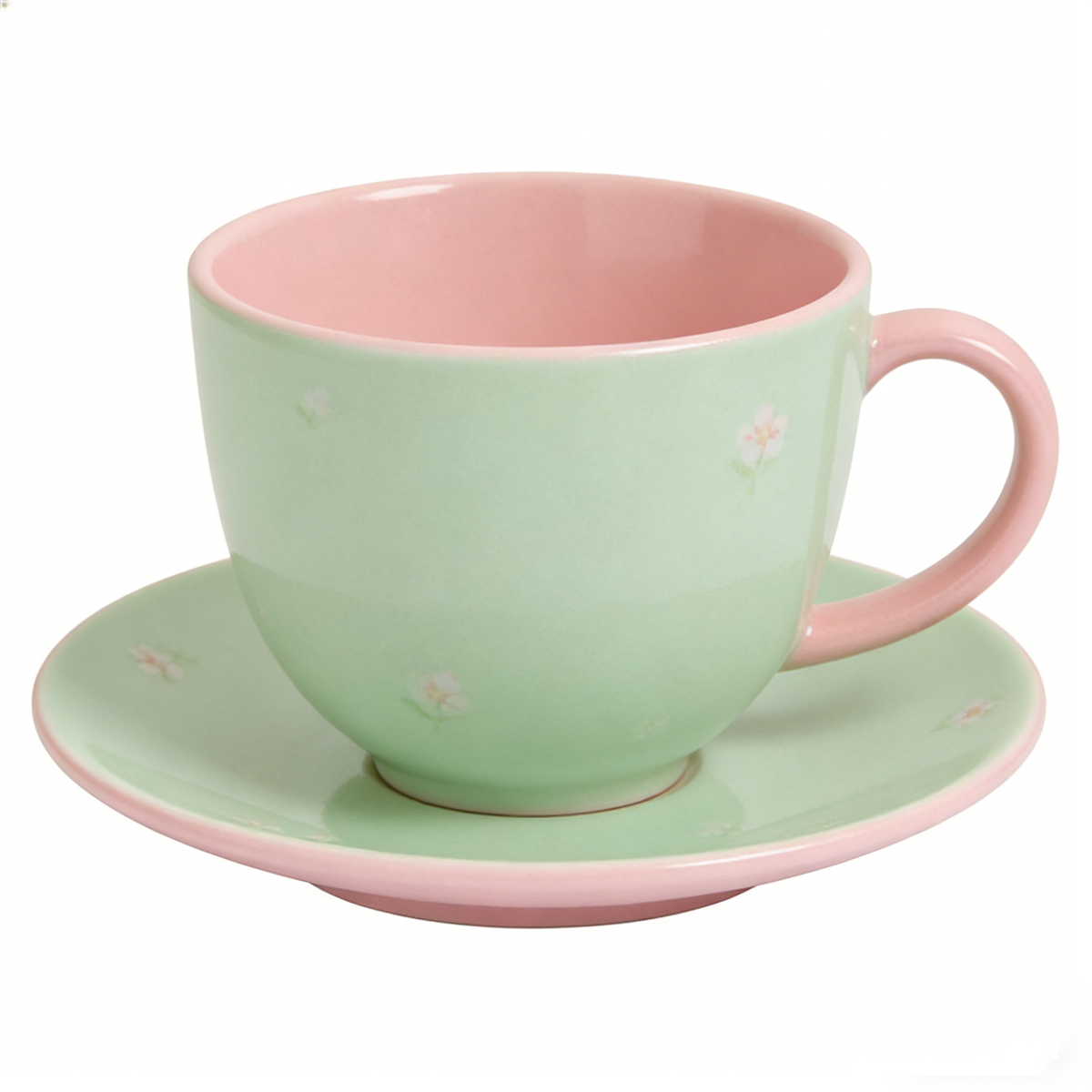 Mint Green Pink Floral Ceramic Cup and Saucer Set