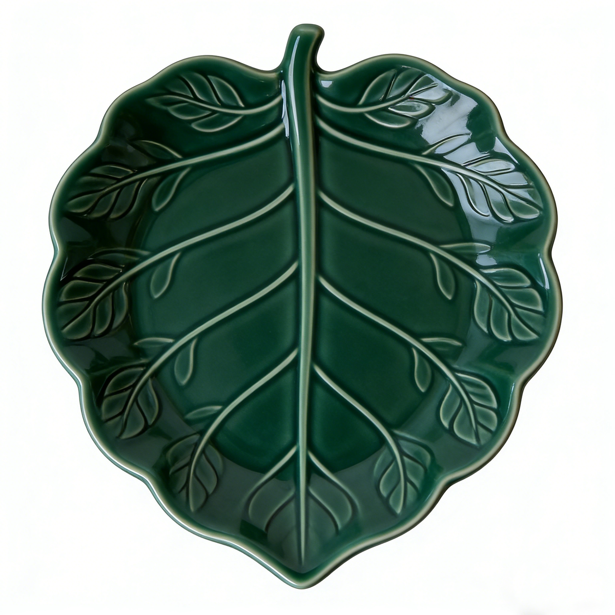Dark Green Leaf Shaped Embossed Ceramic Plate