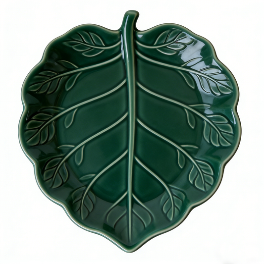 Dark Green Leaf Shaped Embossed Ceramic Plate