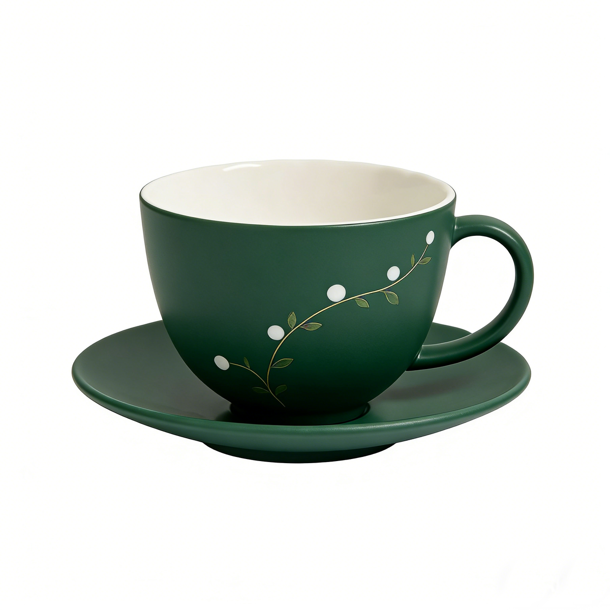 Dark Green Berry Branch Ceramic Cup and Saucer Set