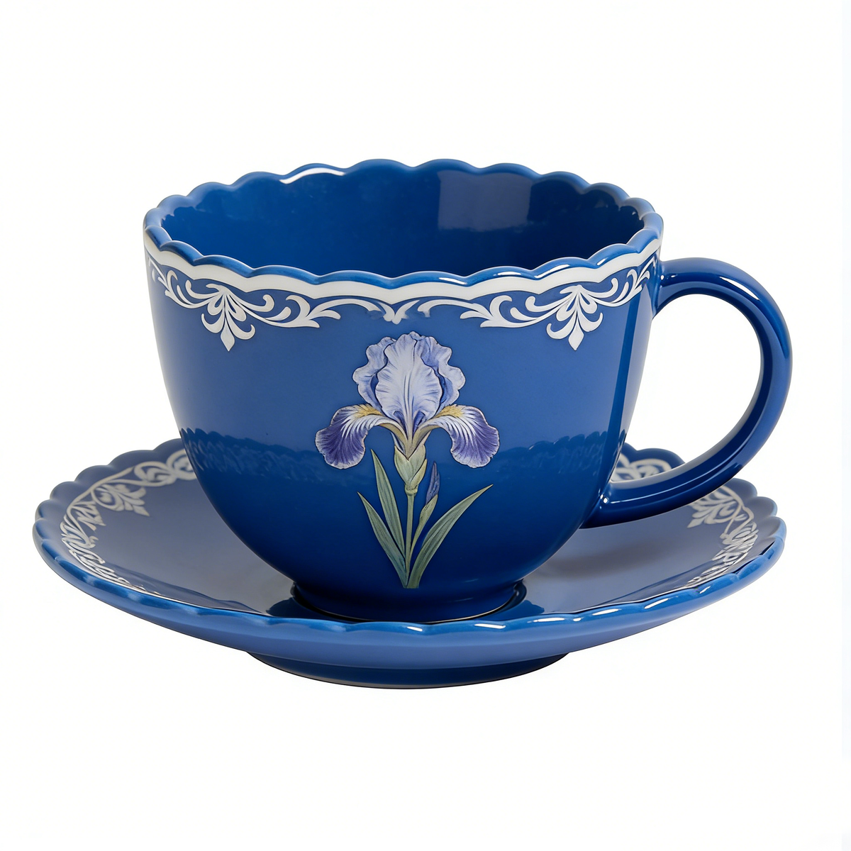Royal Blue Iris Flower Vintage Ceramic Cup and Saucer Set