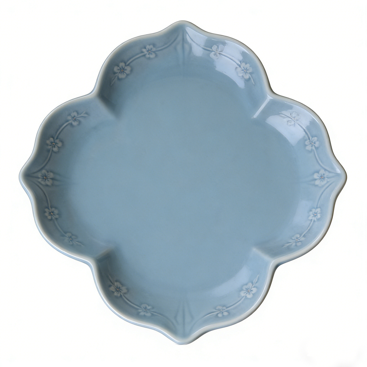 Light Blue Flower Shaped Floral Embossed Ceramic Plate