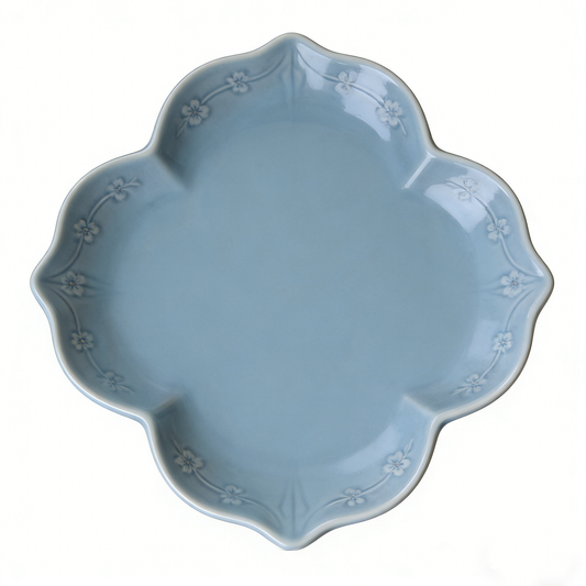 Light Blue Flower Shaped Floral Embossed Ceramic Plate