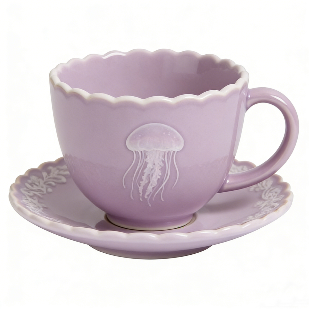 Lavender Jellyfish Embossed Ceramic Cup and Saucer Set