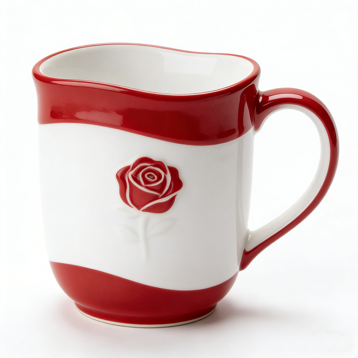 Red Rose Embossed Wave Rim Ceramic Mug