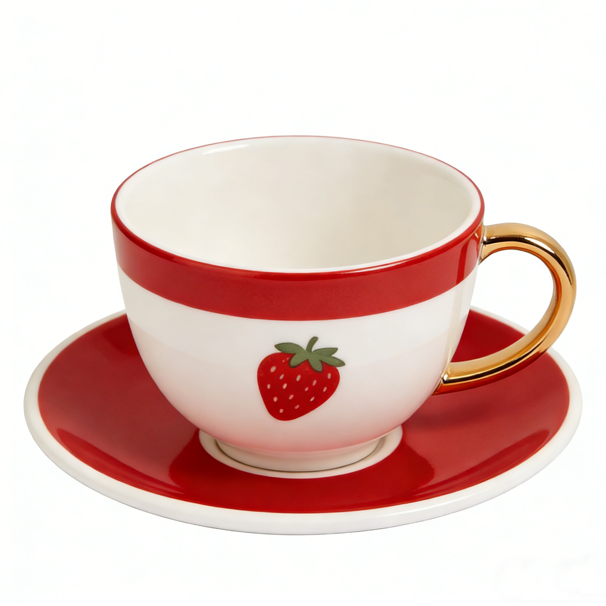 Strawberry Print Gold Handle Coffee Cup and Saucer Set
