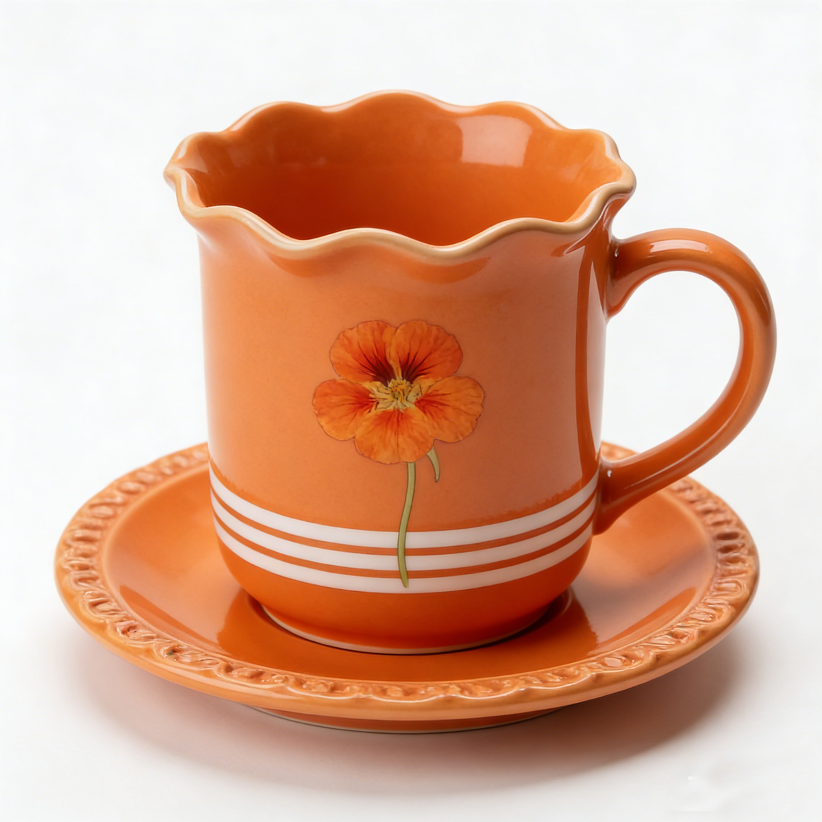 Nasturtium Flower Ruffled Rim Ceramic Cup and Saucer Set