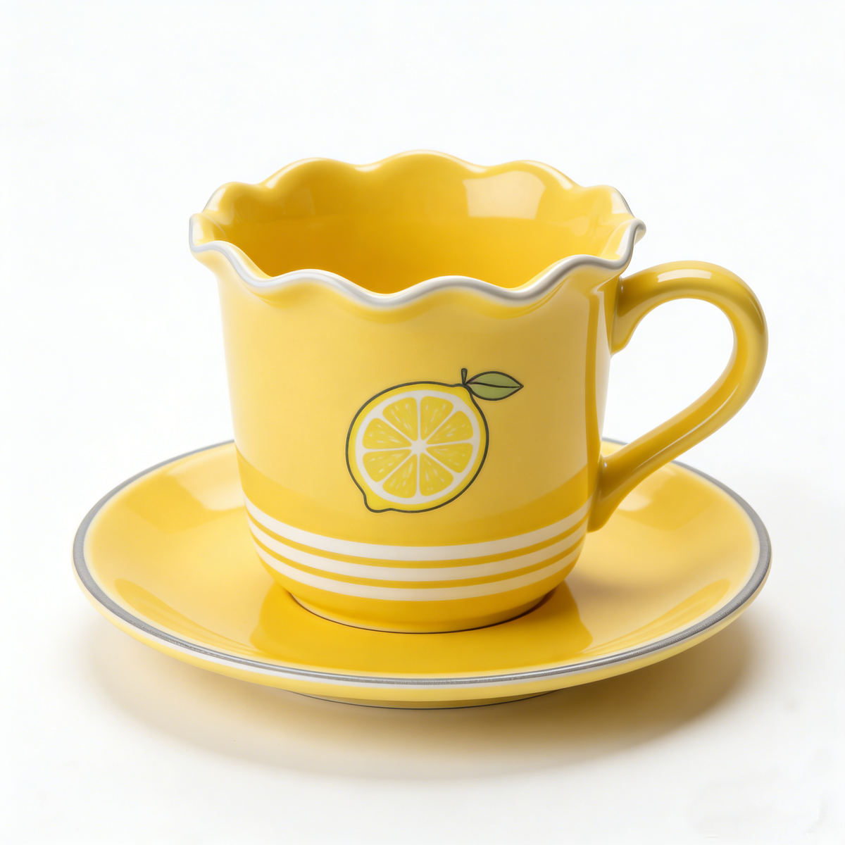 Lemon Print Ruffled Rim Ceramic Cup and Saucer Set