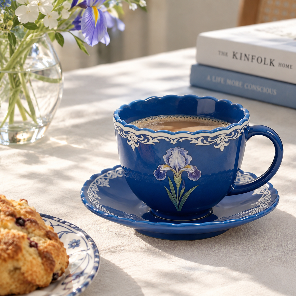 Royal Blue Iris Flower Vintage Ceramic Cup and Saucer Set