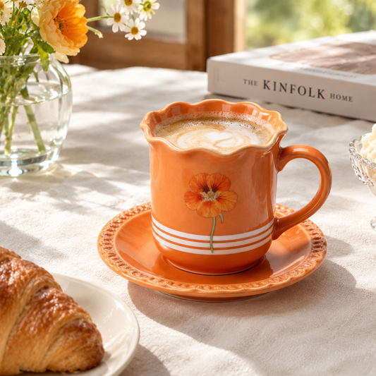 Nasturtium Flower Ruffled Rim Ceramic Cup and Saucer Set