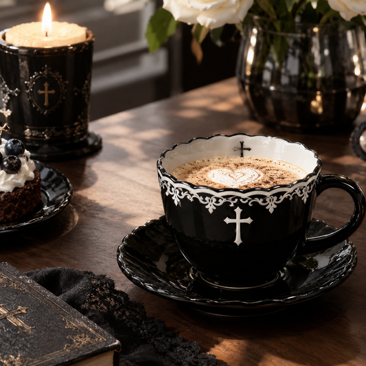 Black Cross Lace Ceramic Cup