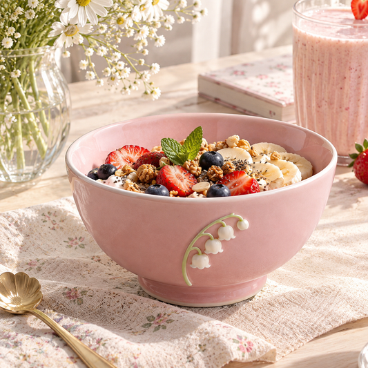 Pink Lily of the Valley Embossed Ceramic Bowl
